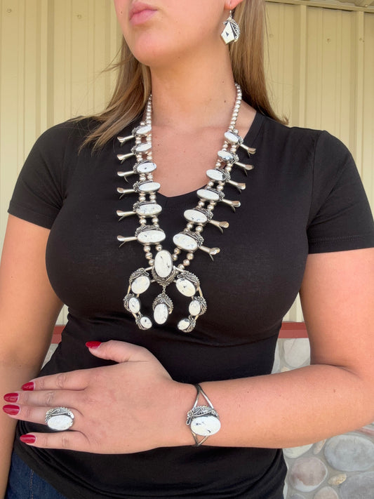 White Buffalo #101-3 Squash Blossom, Earrings, Ring, & Cuff Set
