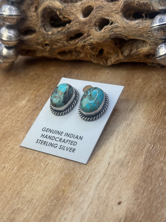 Kingman Turquoise Stud Earrings C by Judith Dixon, Navajo