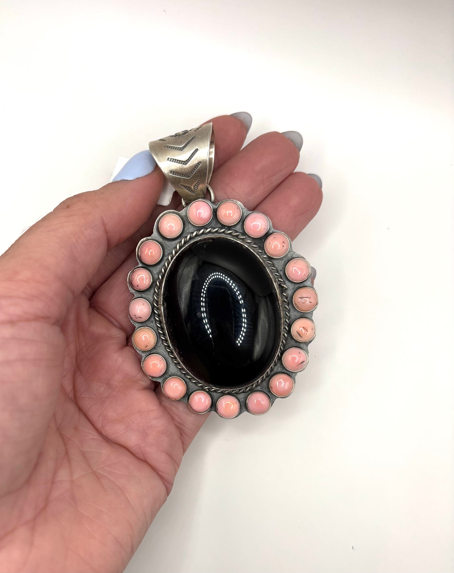 Pink Conch and Black Onyx Pendant by Ned Nez