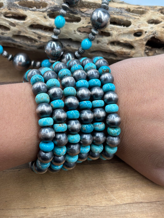 10mm #101-21 Sterling Silver Pearl Stretchy Bracelet With Turquoise