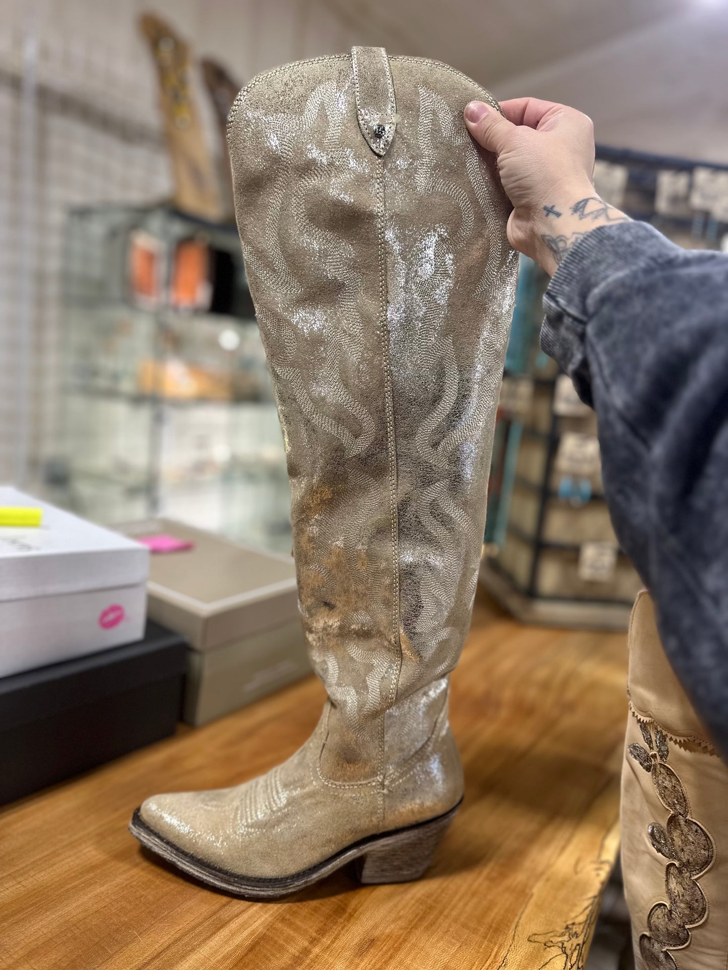 Liberty Black Allysa Gozuma Gold Crackle Boots Sizes 6, 6.5, 7, 9.5, 10, 10.5