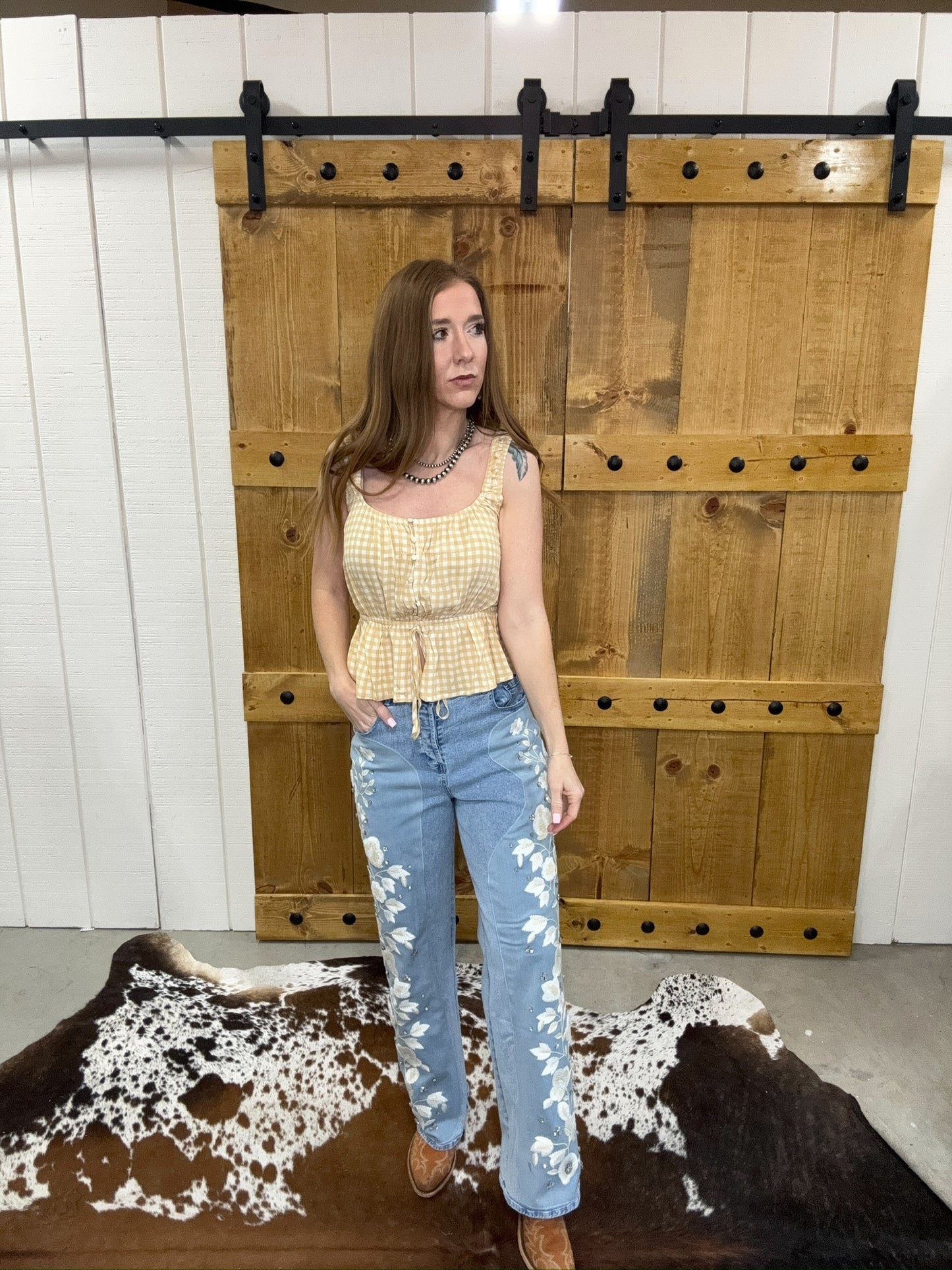 The Tori Gingham Brown Sugar Tank Blouse