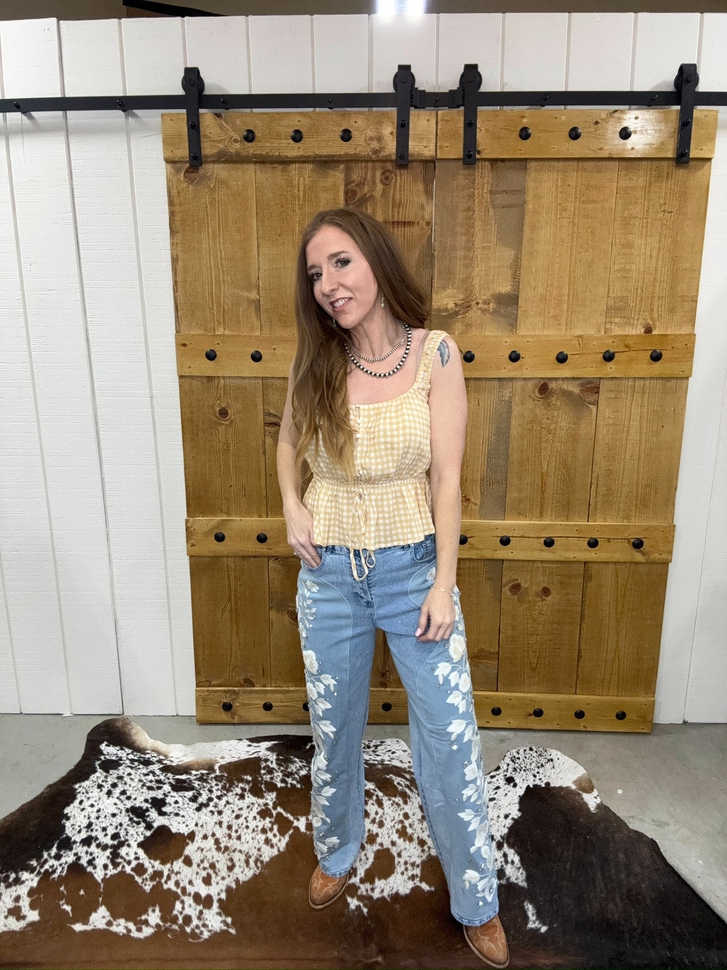 The Tori Gingham Brown Sugar Tank Blouse