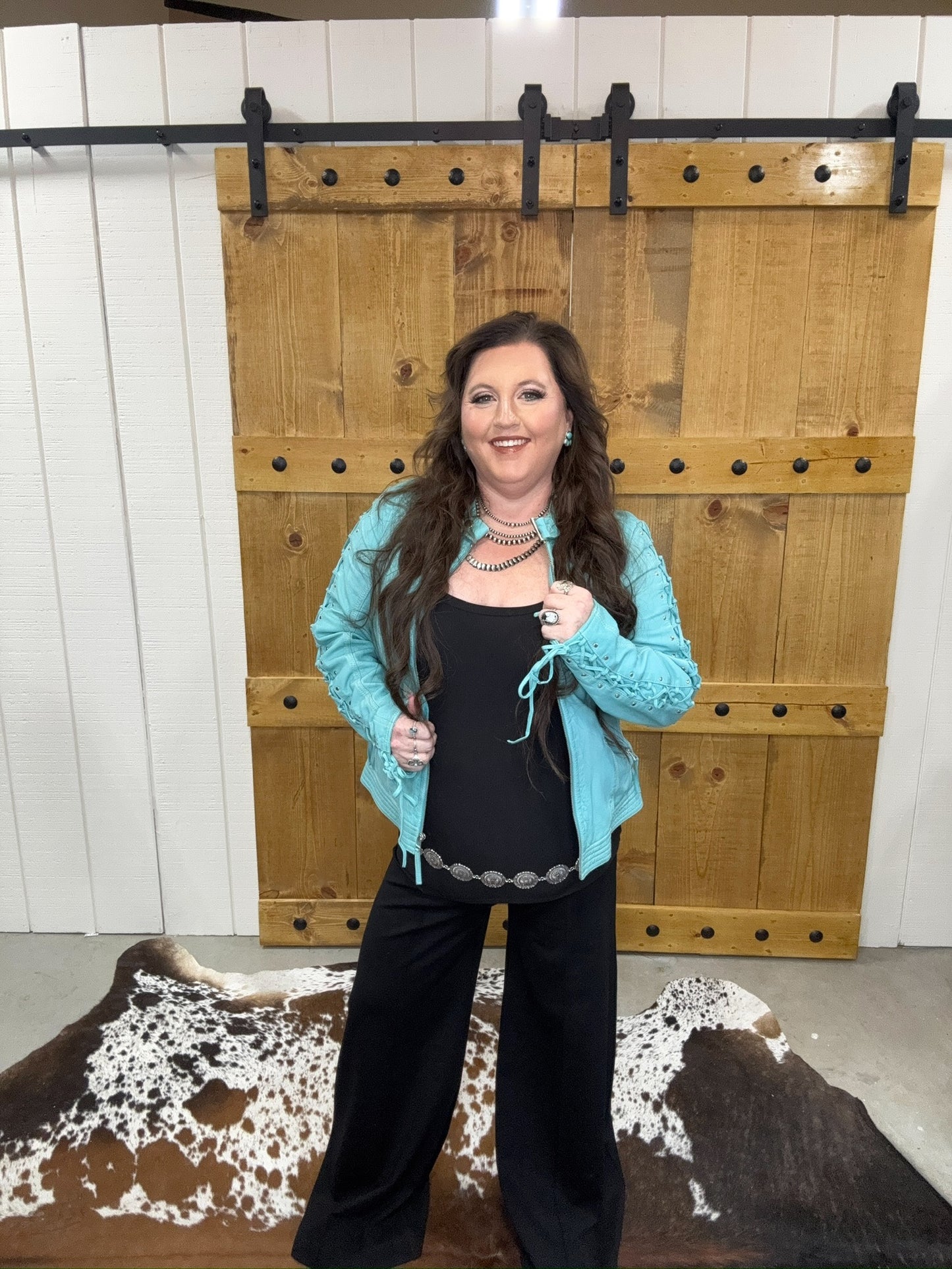 Scully Turquoise Lace Up Leather Jacket