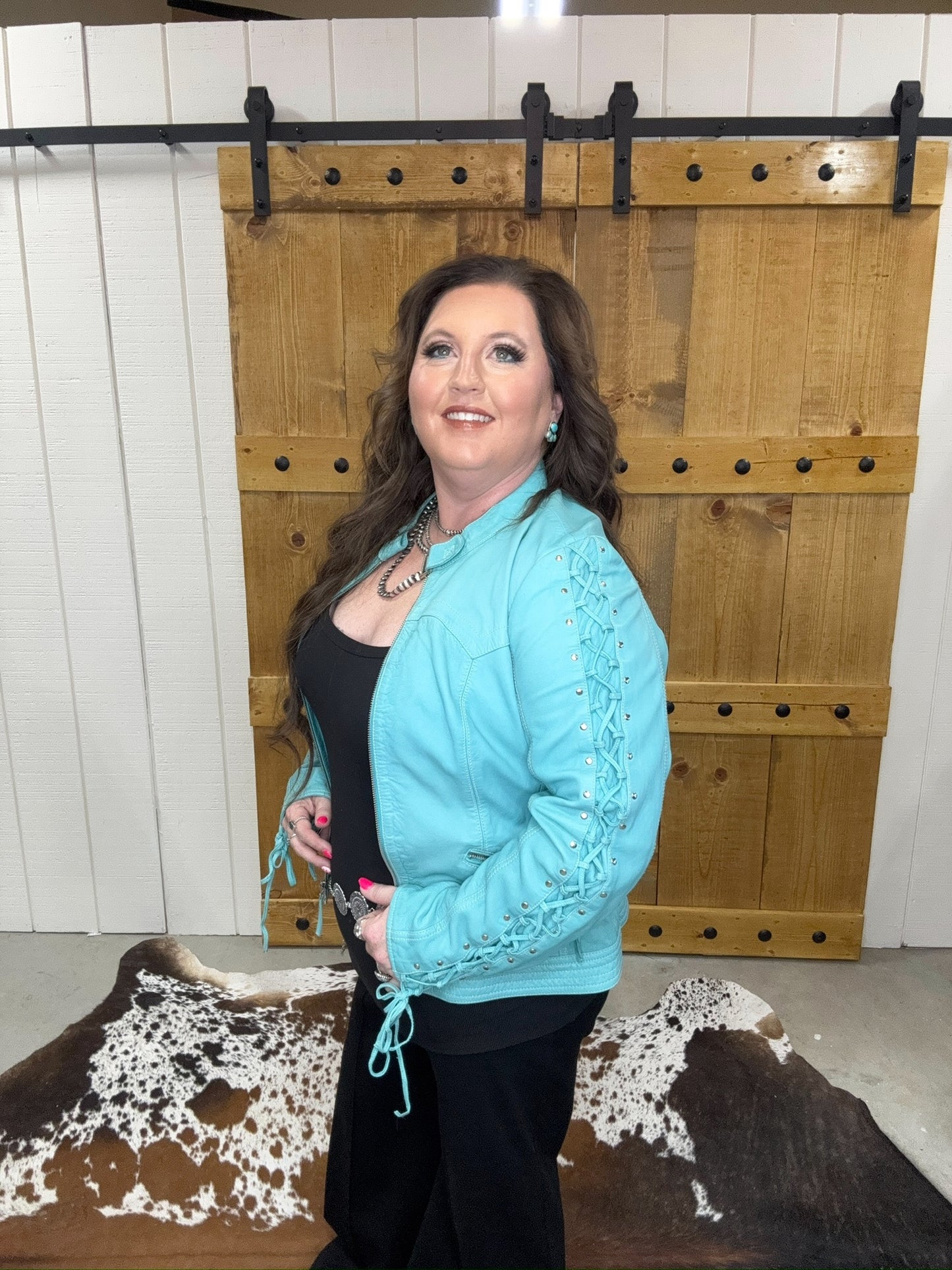 Scully Turquoise Lace Up Leather Jacket