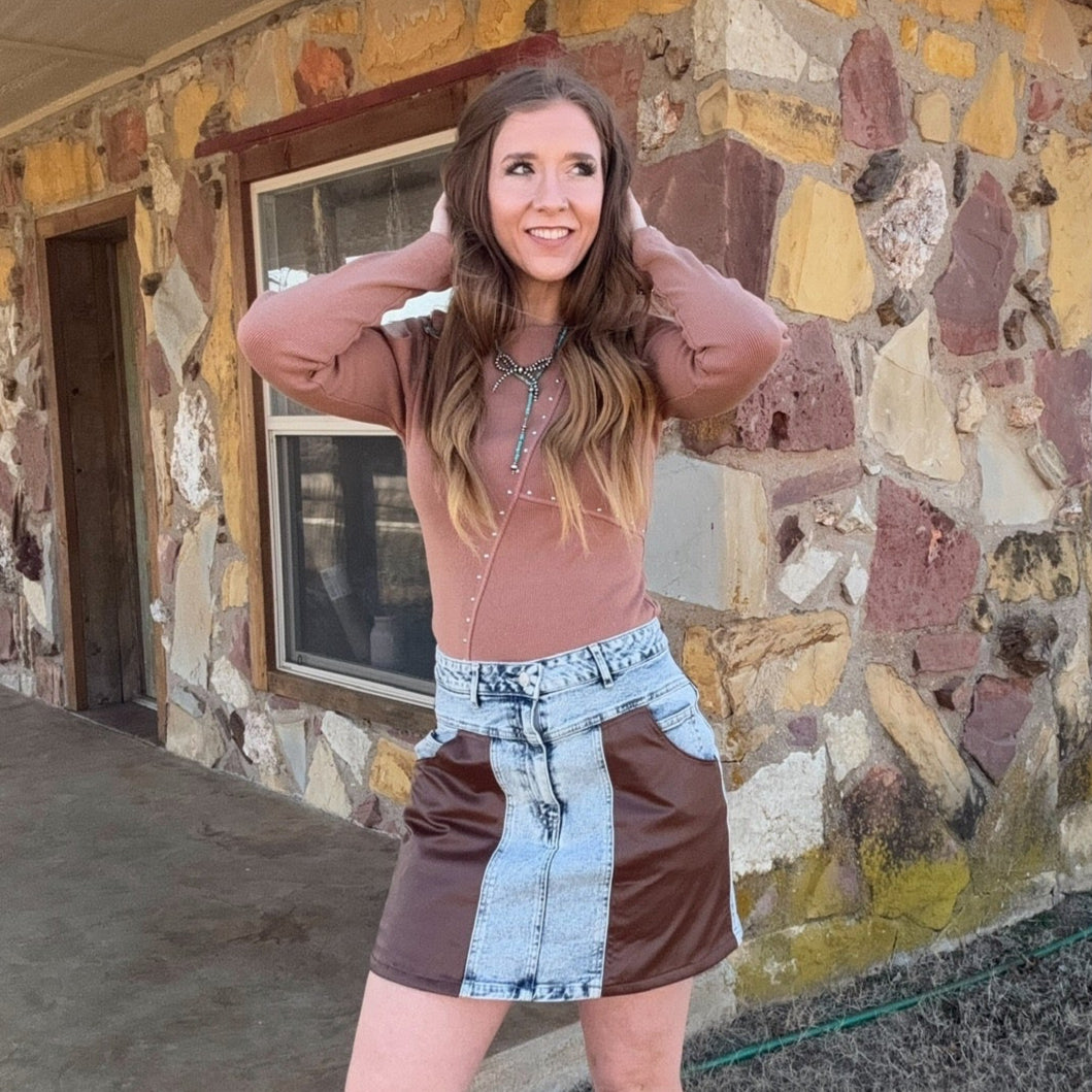The Landri Faux Leather Mid Rise Denim Skirt