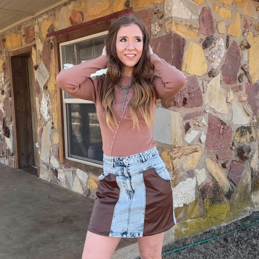 The Landri Faux Leather Mid Rise Denim Skirt