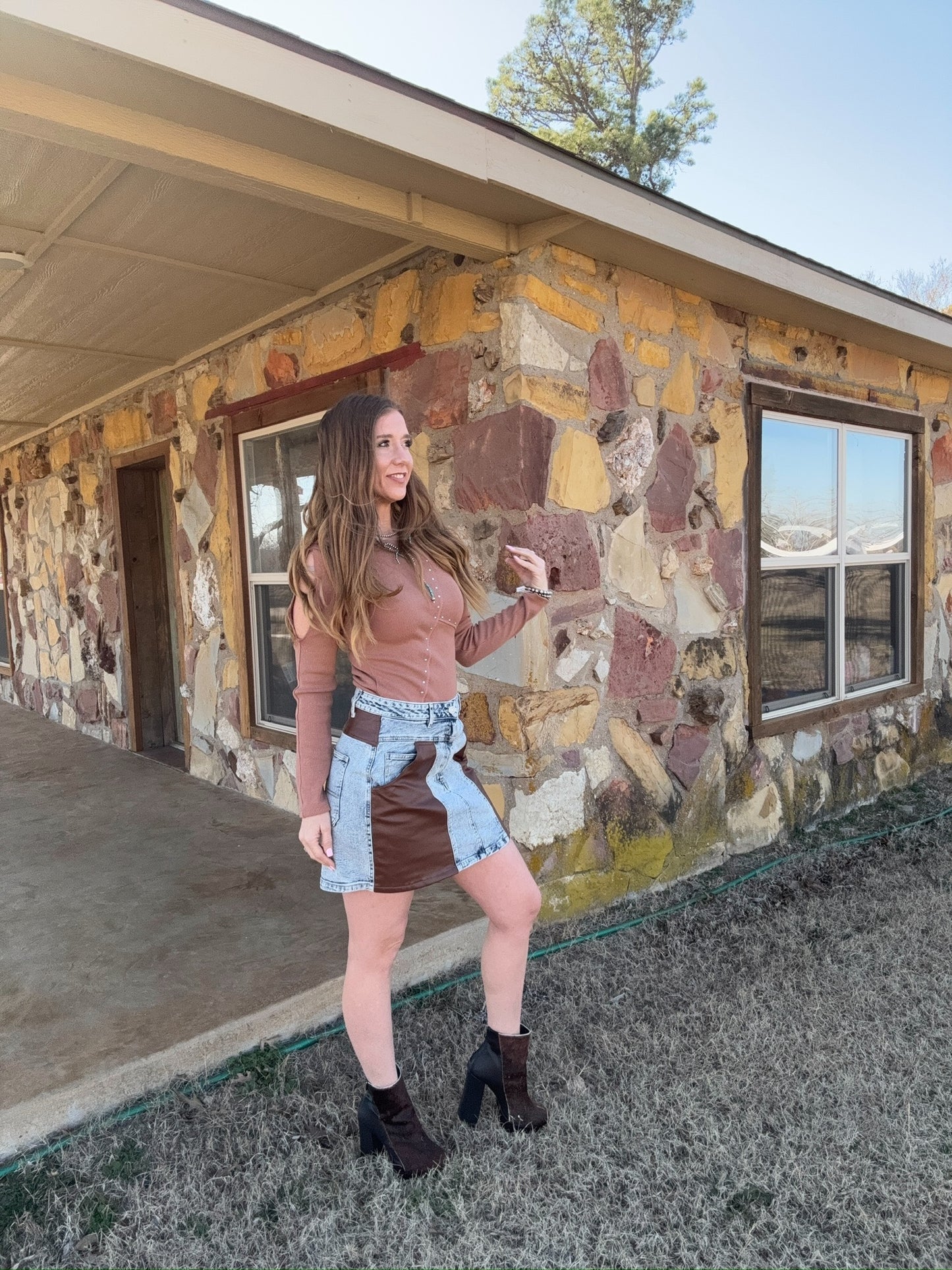 The Landri Faux Leather Mid Rise Denim Skirt