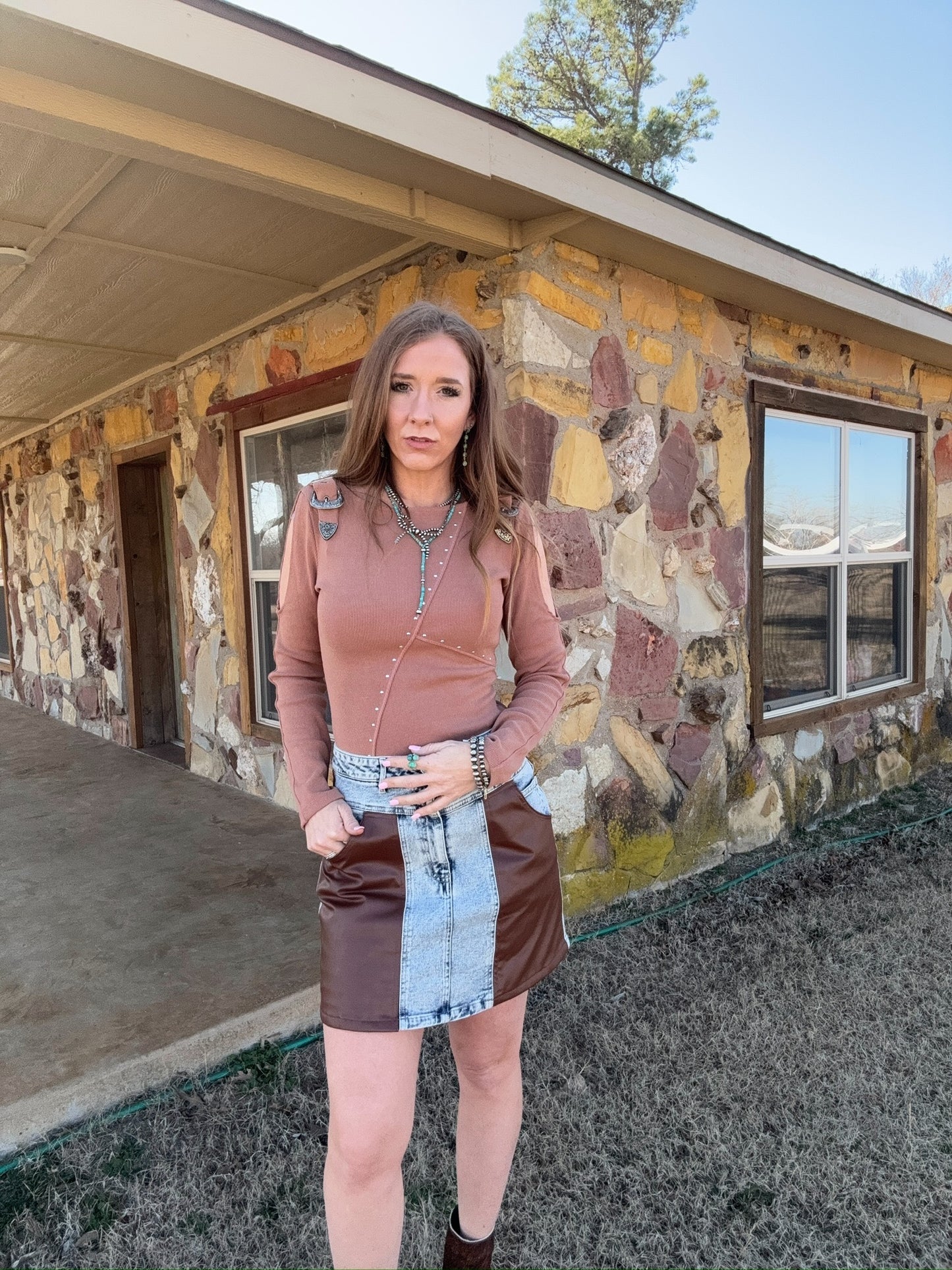 The Landri Faux Leather Mid Rise Denim Skirt