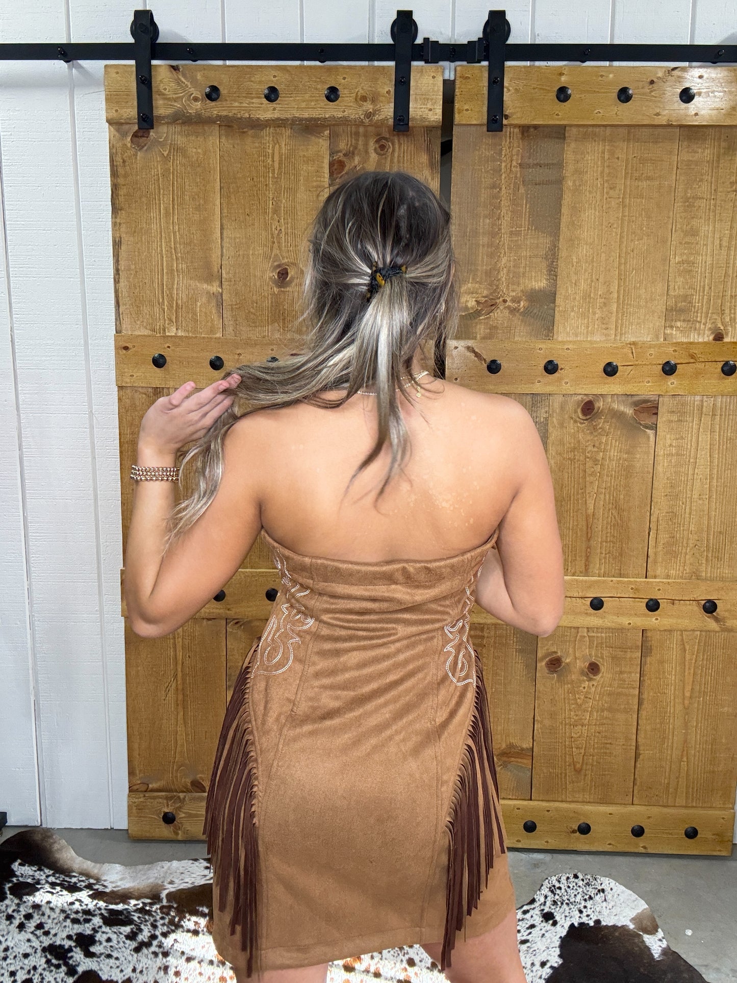 The Carly Camel Suede Boot Stitch Embroidered Strapless Fringe Dress