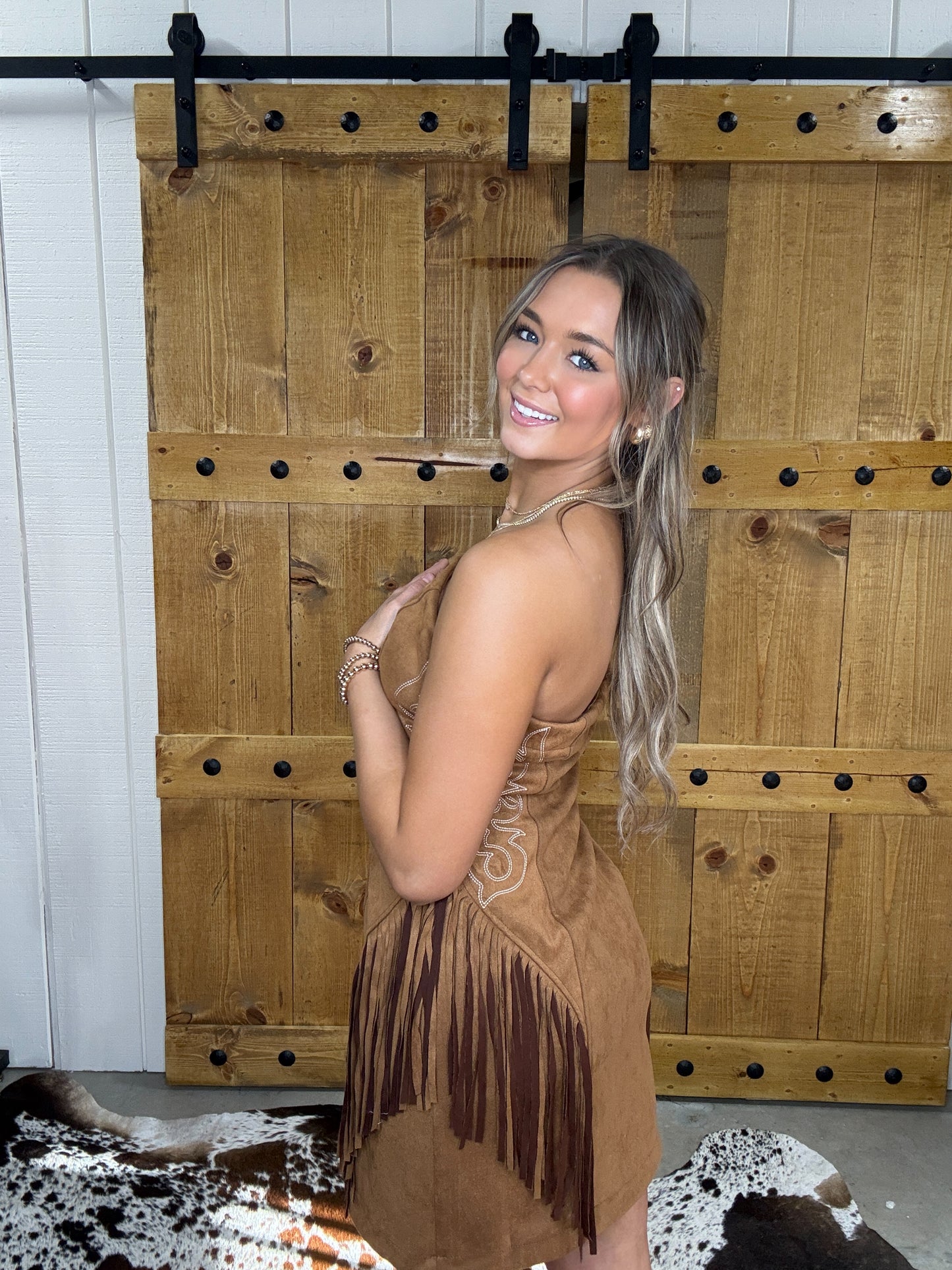 The Carly Camel Suede Boot Stitch Embroidered Strapless Fringe Dress