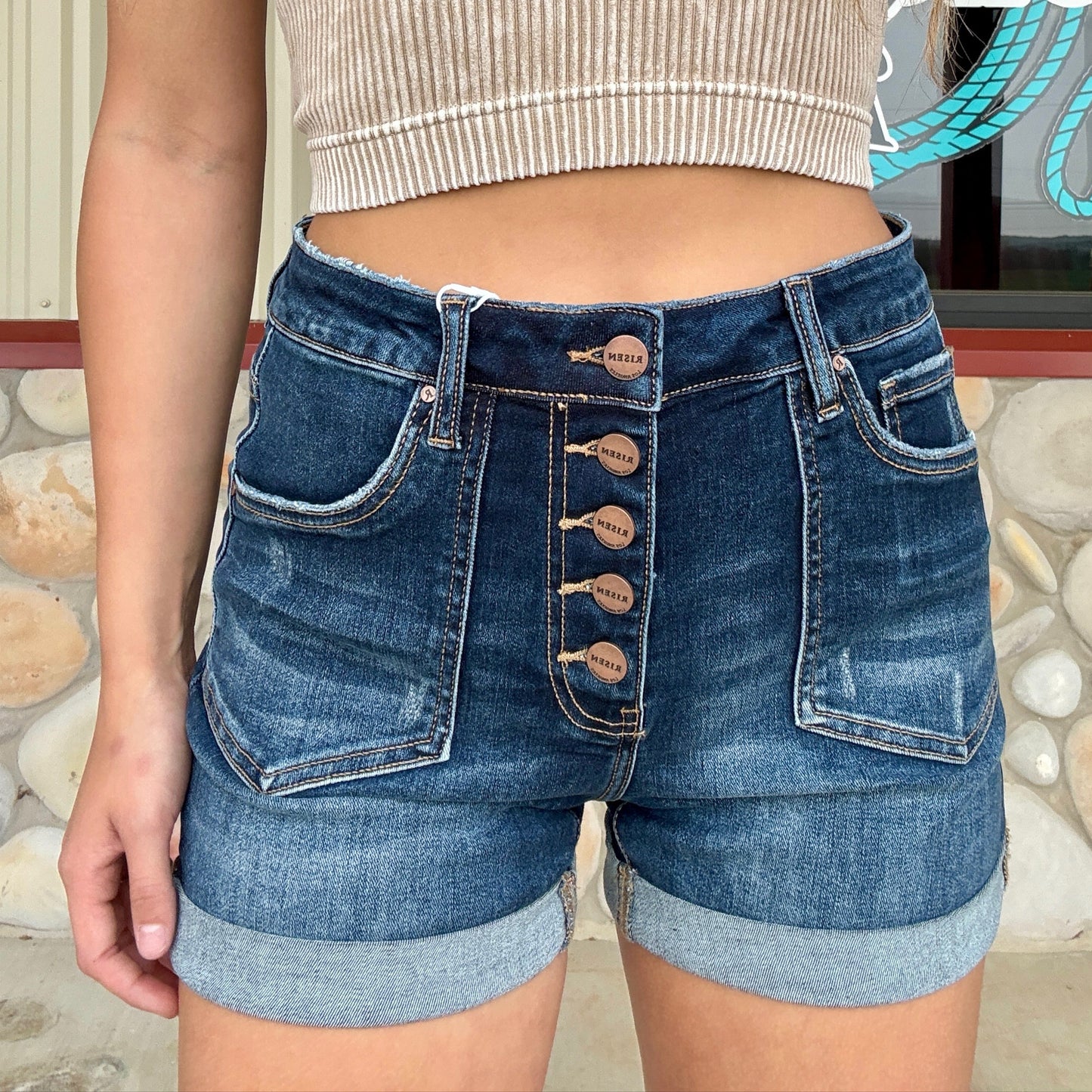 The Emma – High Rise Button Down Fly Turn Back Cuff Shorts