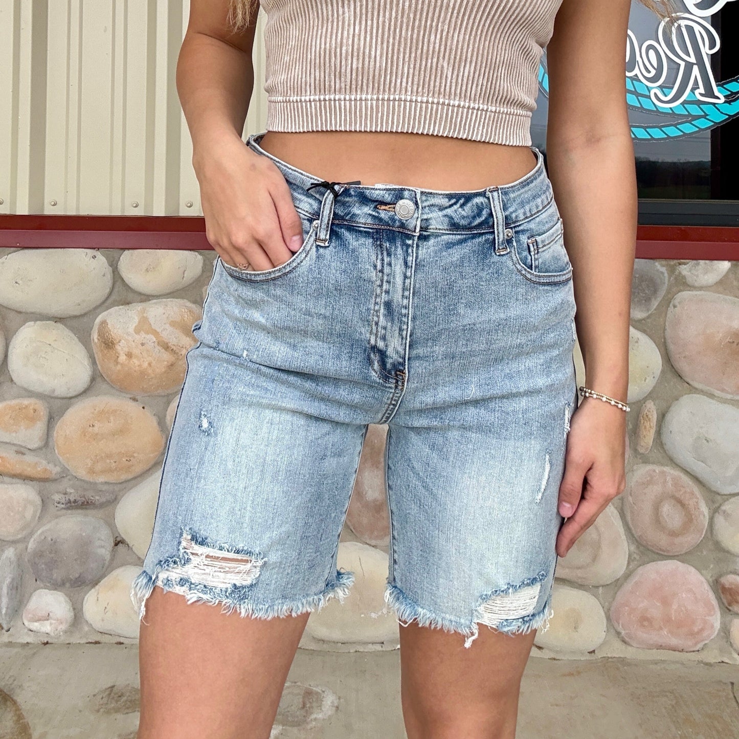 The Scranda High Rise Distressed Mid-Thigh Shorts Jorts