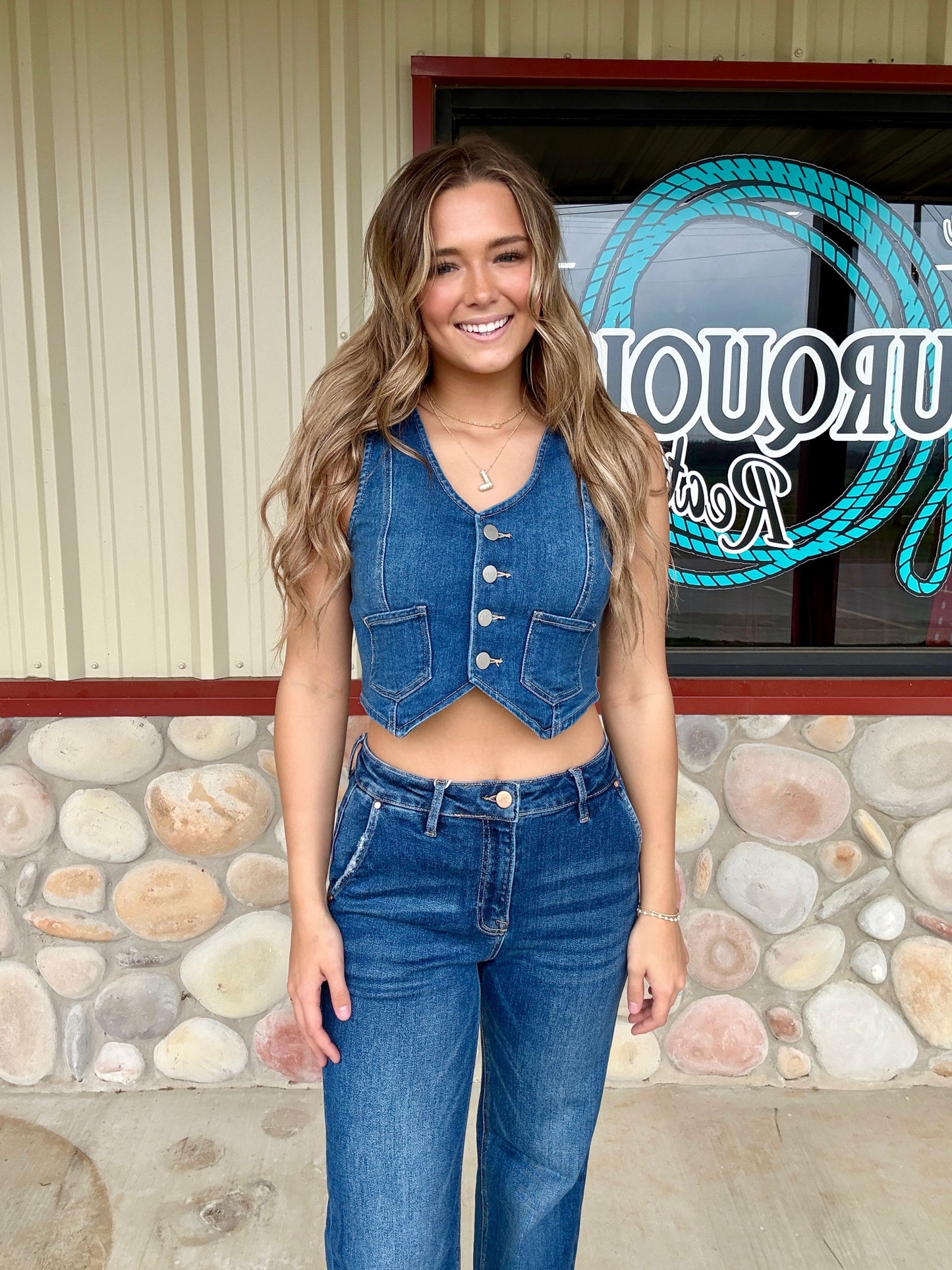 The Lola – Crop Denim Button Up Dark Wash Vest