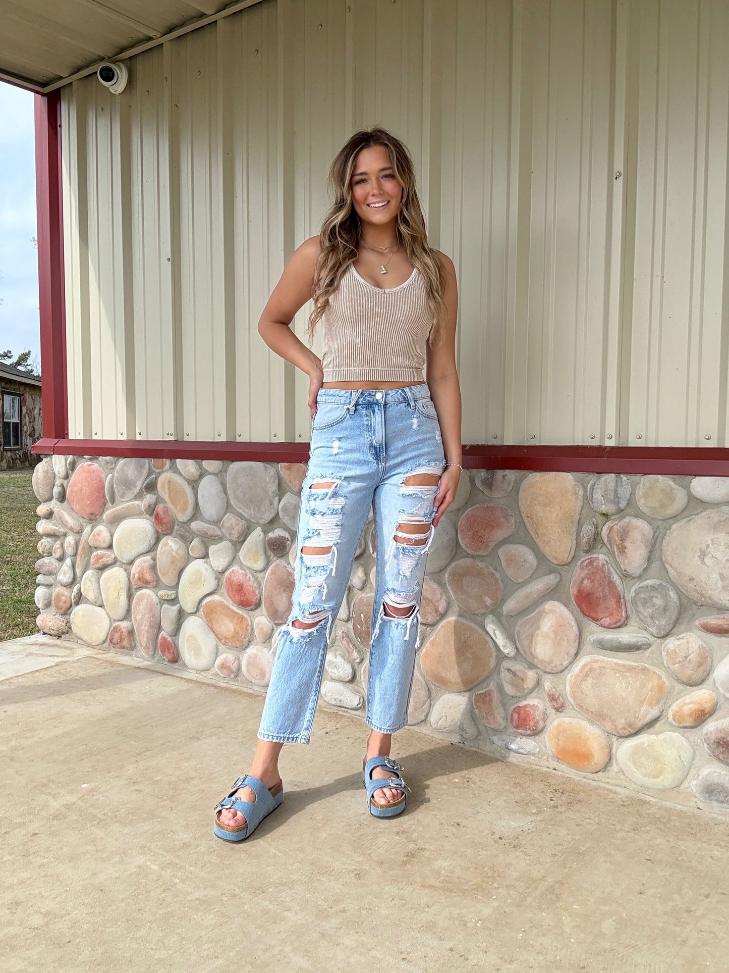 The Kacie – High Rise Crop Fit Distressed Light Wash Straight Leg Jeans