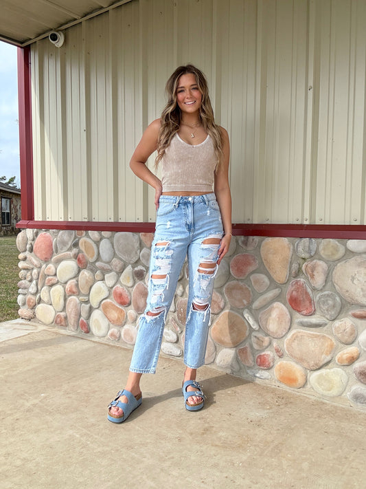 The Kacie – High Rise Crop Fit Distressed Light Wash Straight Leg Jeans