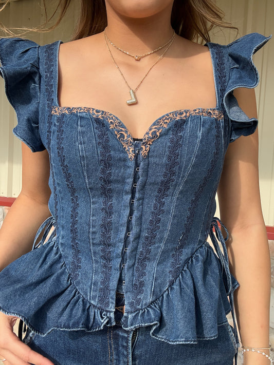 The Filly Denim Hook Front Closure Top
