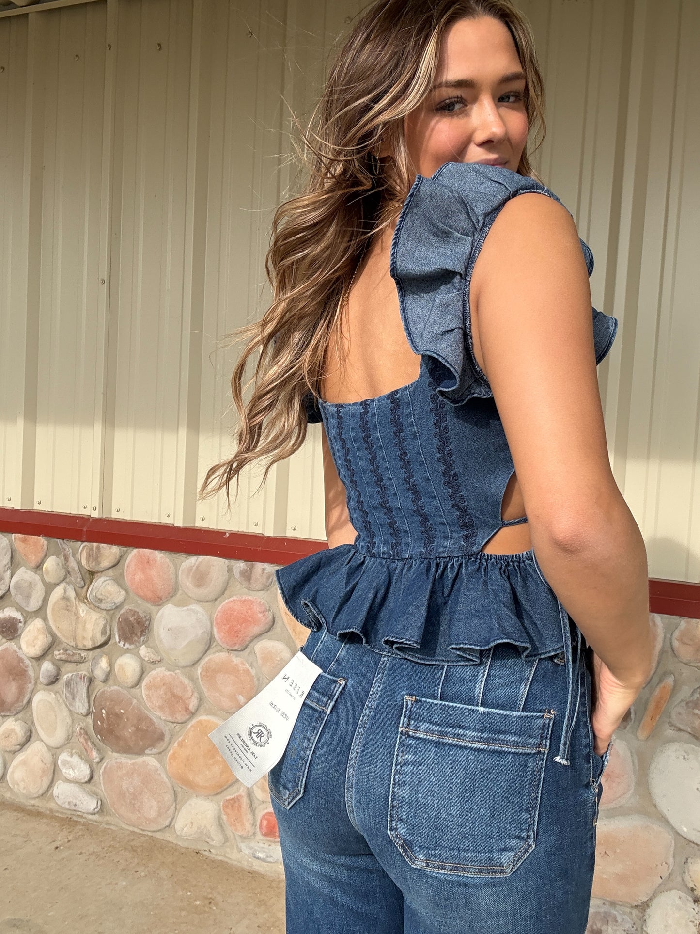 The Filly Denim Hook Front Closure Top