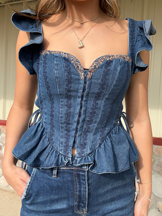 The Filly Denim Hook Front Closure Top