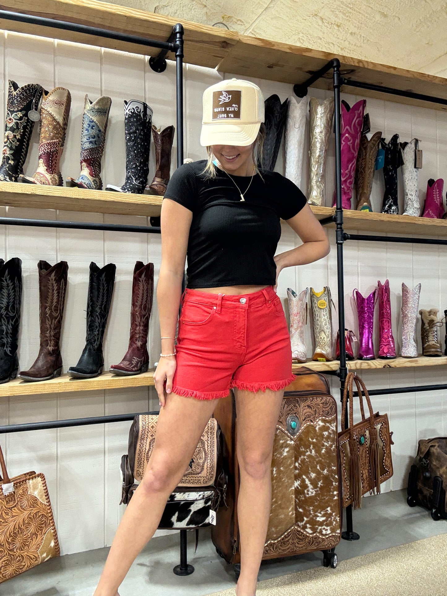 The Red Mesa High Rise Fray Hem Shorts