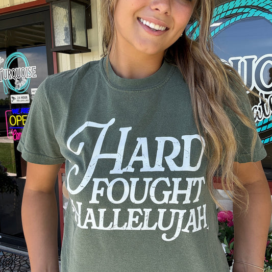Hard Fought Hallelujah Tee in Olive (Regular & Plus Sizes)