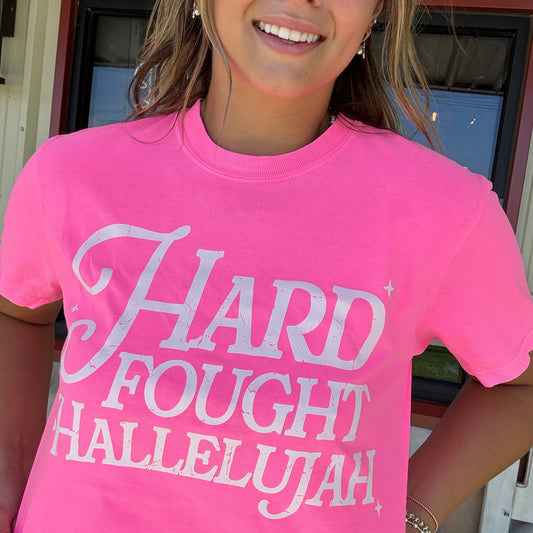 Hard Fought Hallelujah Tee in Pink (Regular & Plus Sizes)