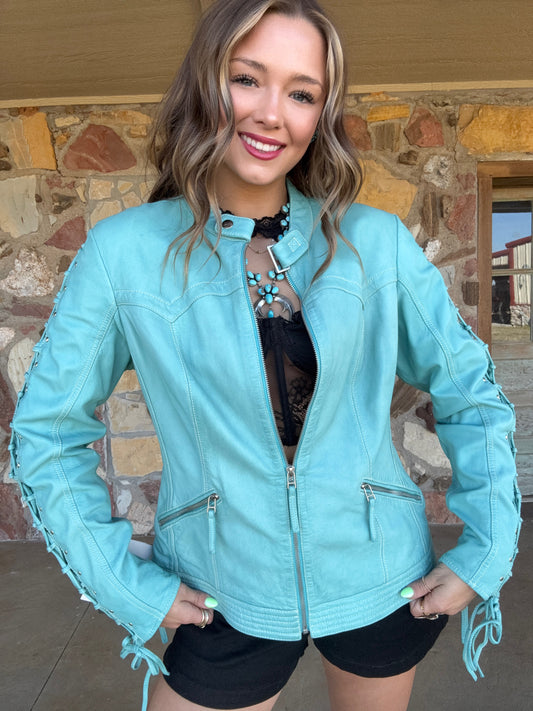 Scully Turquoise Lace Up Leather Jacket
