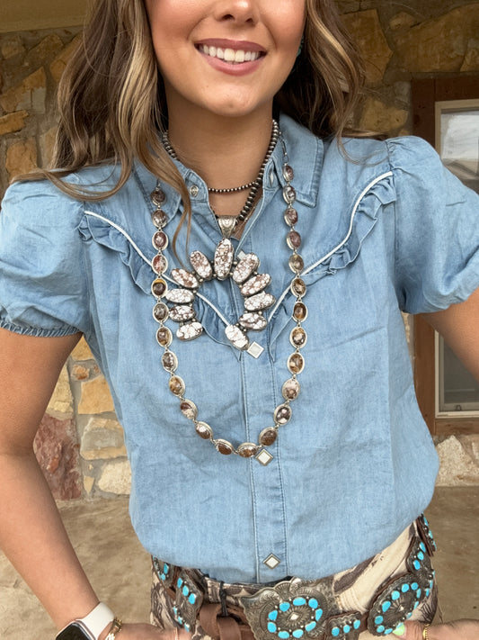 Bluebonnet Ruffle Denim Blouse