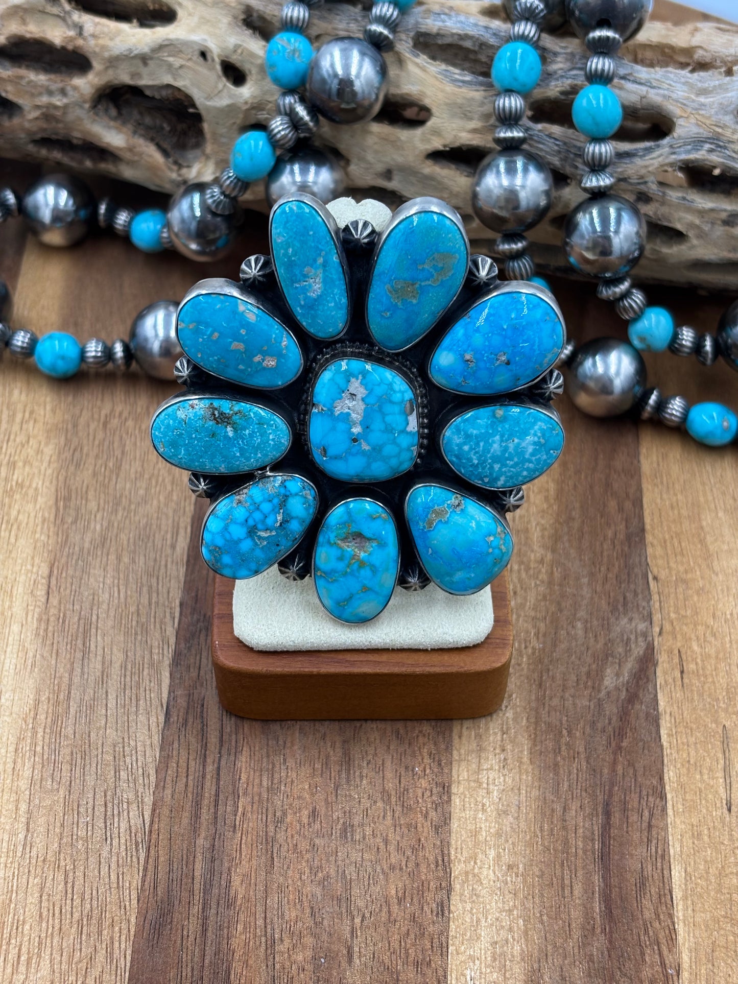 White Water Turquoise Cluster Ring Size 8.5 by D. Stoingston, Navajo