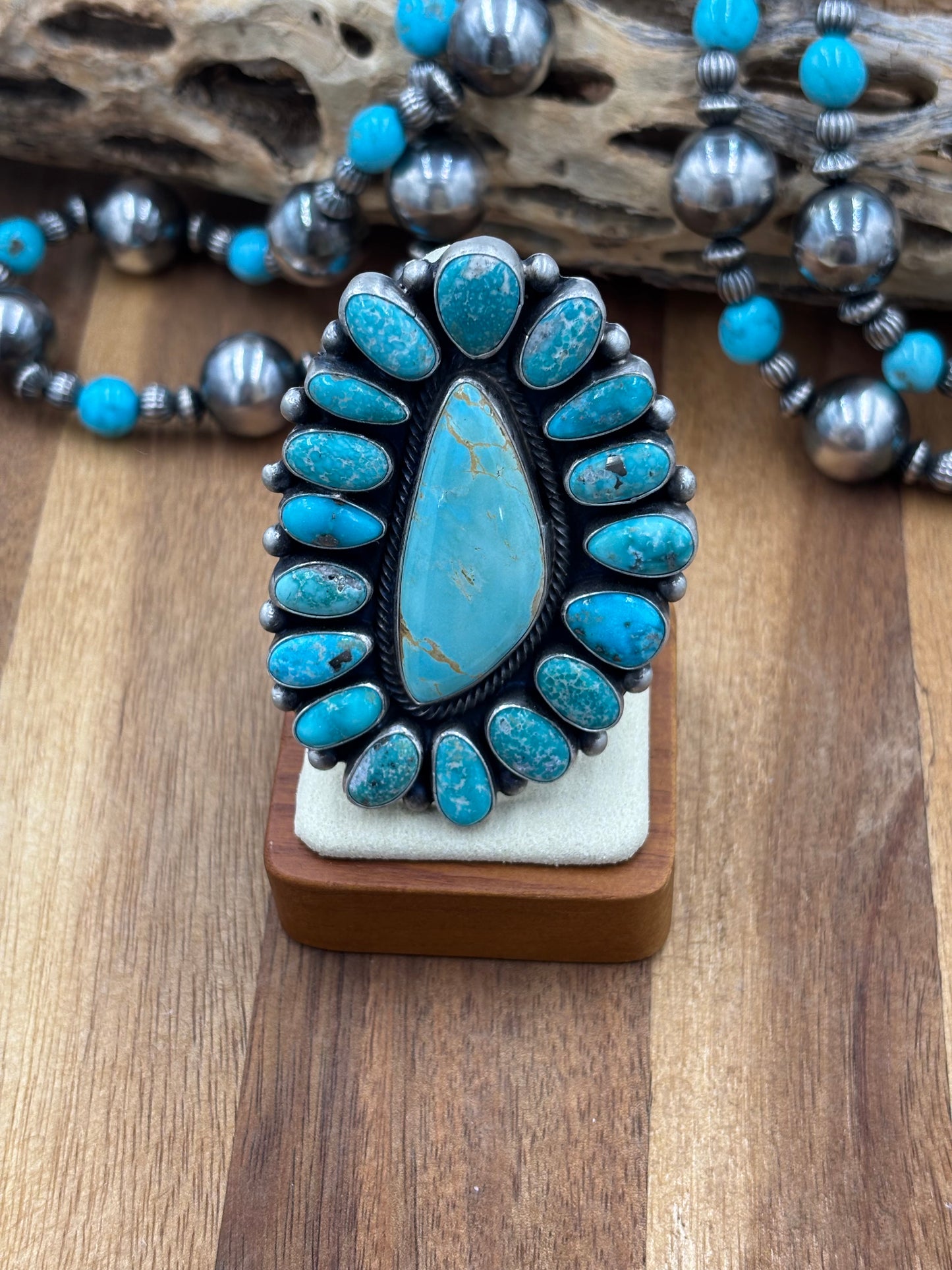 White Water Turquoise Cluster Ring Size 10 by Bobby Johnson, Navajo