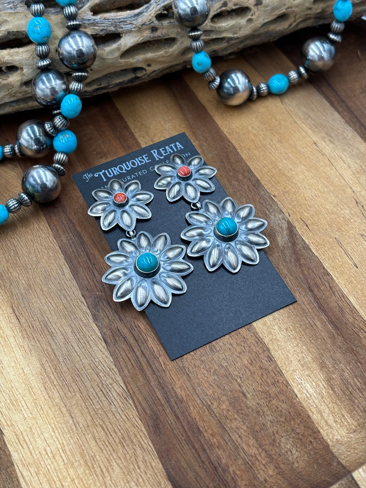 Coral & Turquoise Flower Concho Earrings by Robert Johnson, Navajo