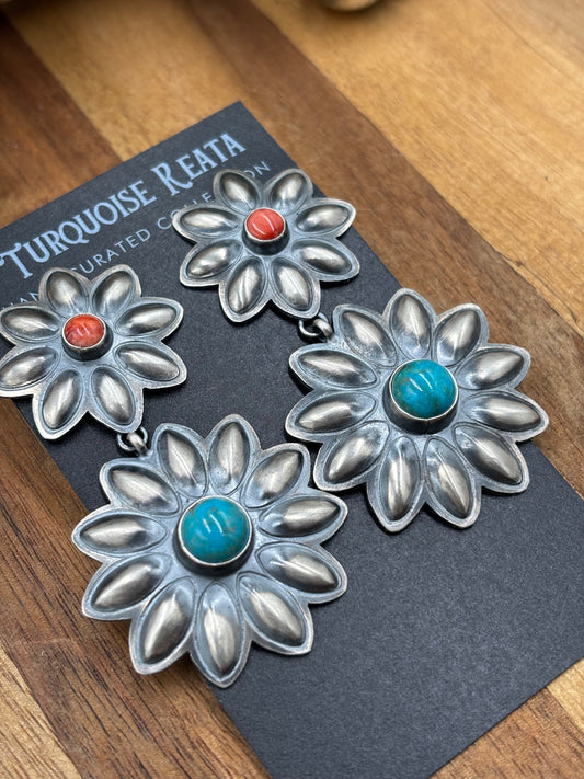Coral & Turquoise Flower Concho Earrings by Robert Johnson, Navajo