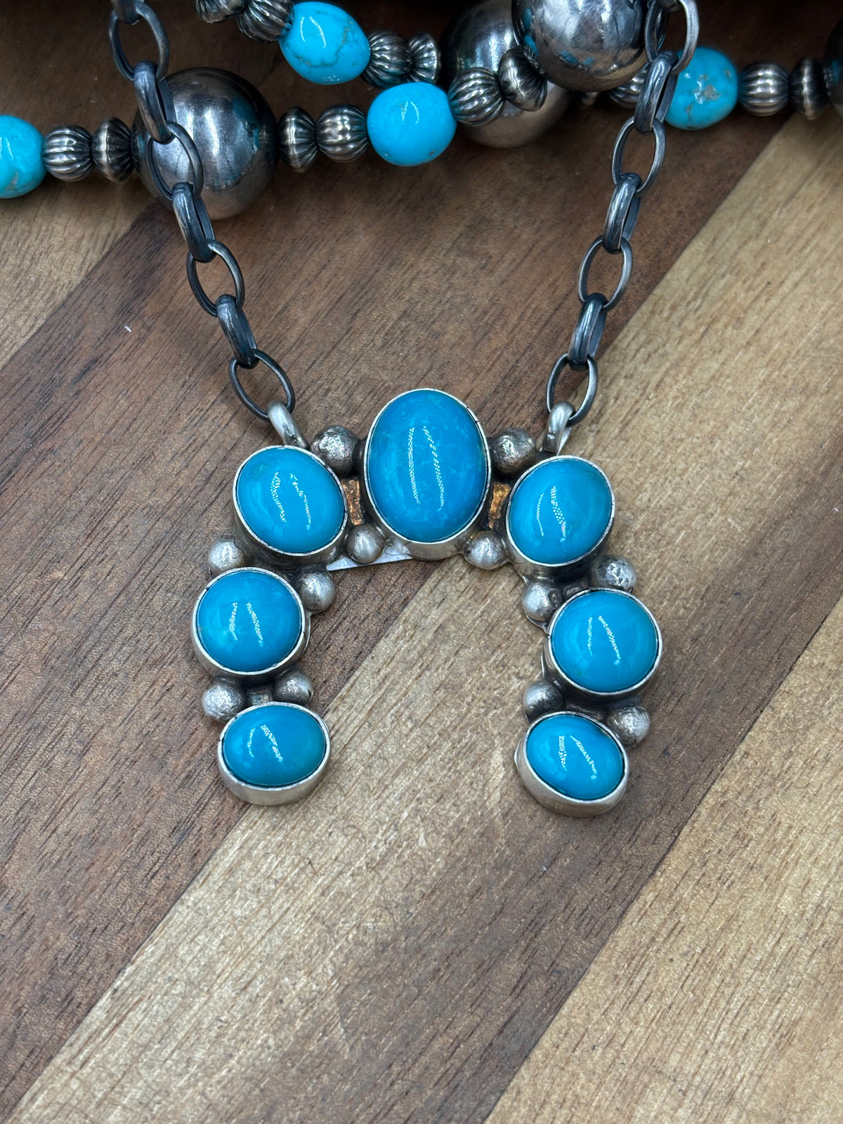 Kingman Turquoise #923-4E Naja Necklace by Augustine Largo, Navajo