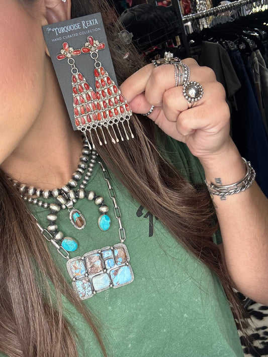 Coral Chandelier Earrings by , Navajo