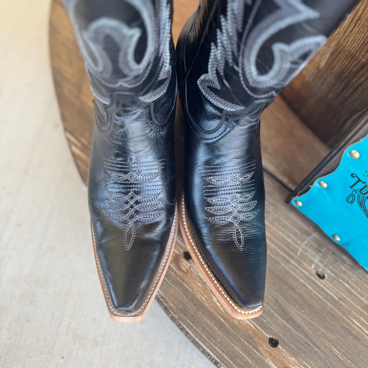 The Femme Fatale Signature Turquoise Reata Boot- Black Snip Toe