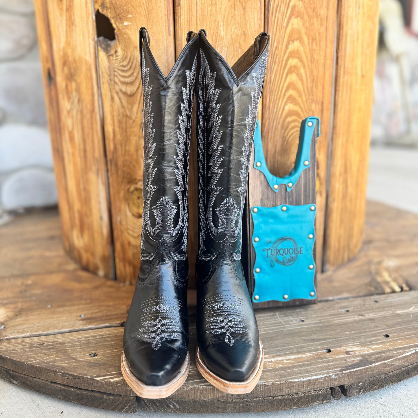 The Femme Fatale Signature Turquoise Reata Boot- Black Snip Toe