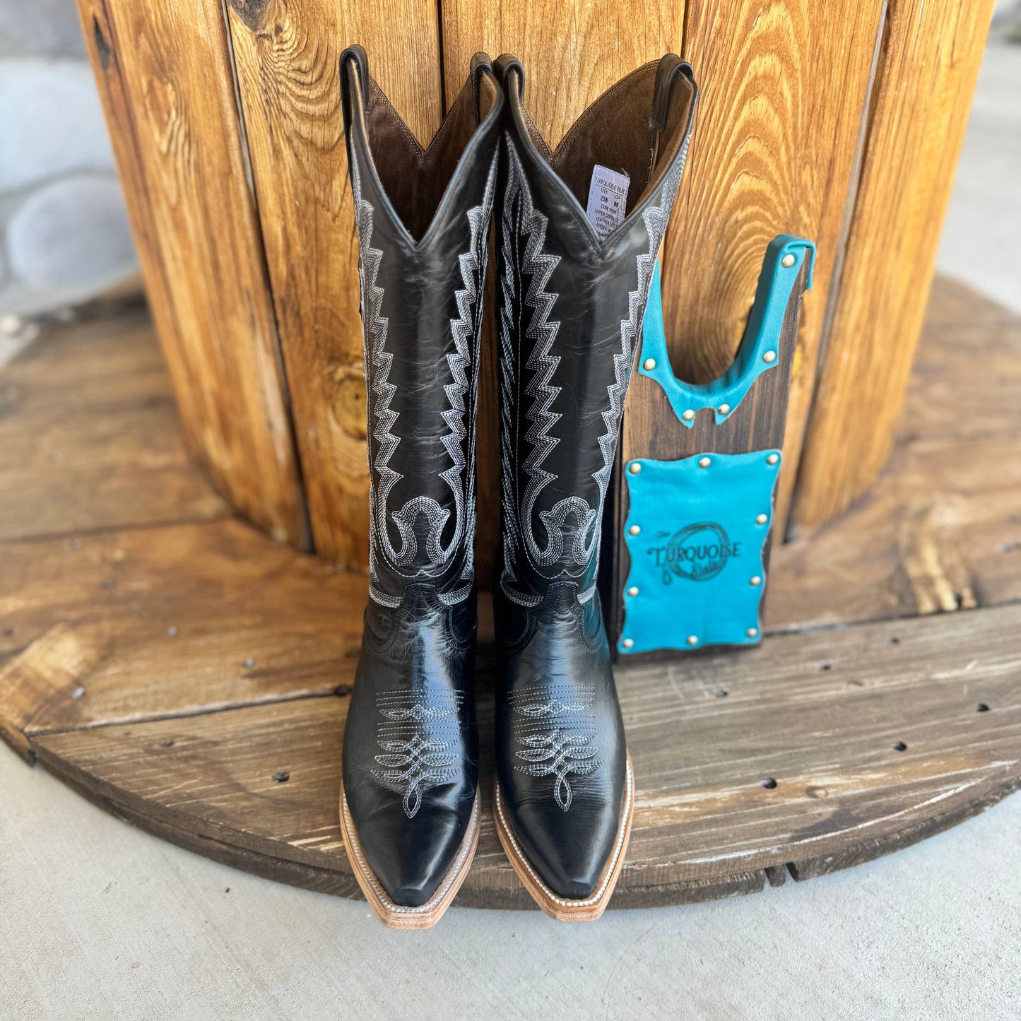 The Femme Fatale Signature Turquoise Reata Boot- Black Snip Toe