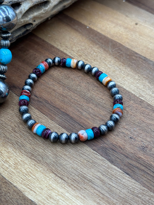 6mm Multi Stone Sterling Silver Pearl Stretchy Bracelet