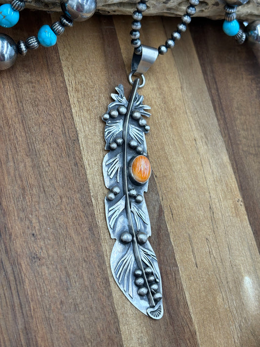 Orange Spiny Feather Pendant by Miranda Willie, Navajo