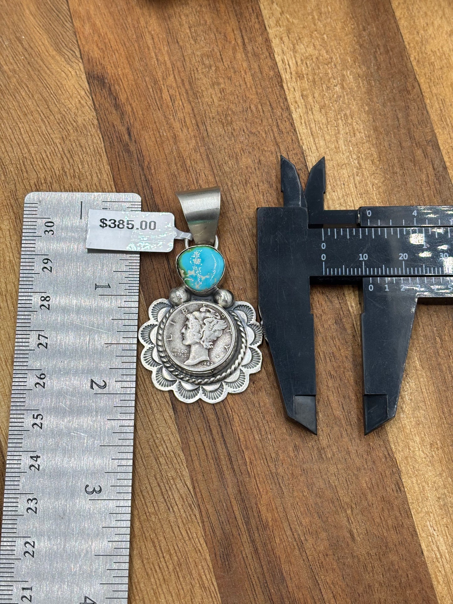 Sonoran Gold Turquoise Mercury Dime Pendant by H Joe, Navajo