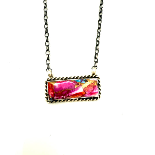 16" Pink Dahlia Bar necklace by Johnny Dixon, Navajo