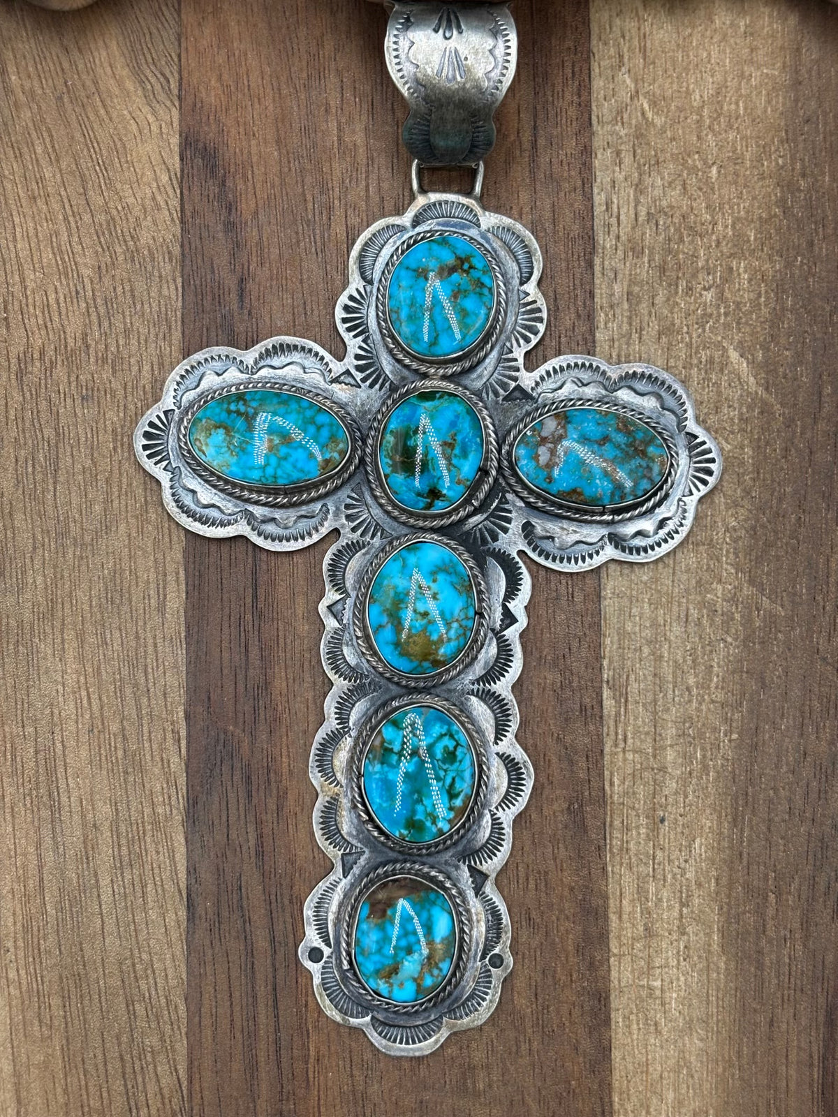 Polychrome Webbed Kingman #1022-26 Turquoise Cross Pendant by Sheila Tso, Navajo