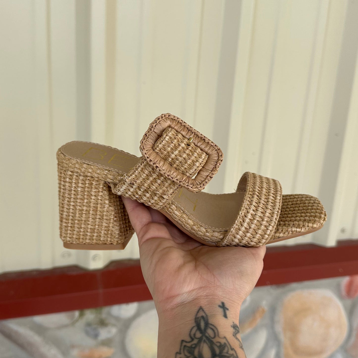 Lucy – Cognac Woven Block Heel Slide