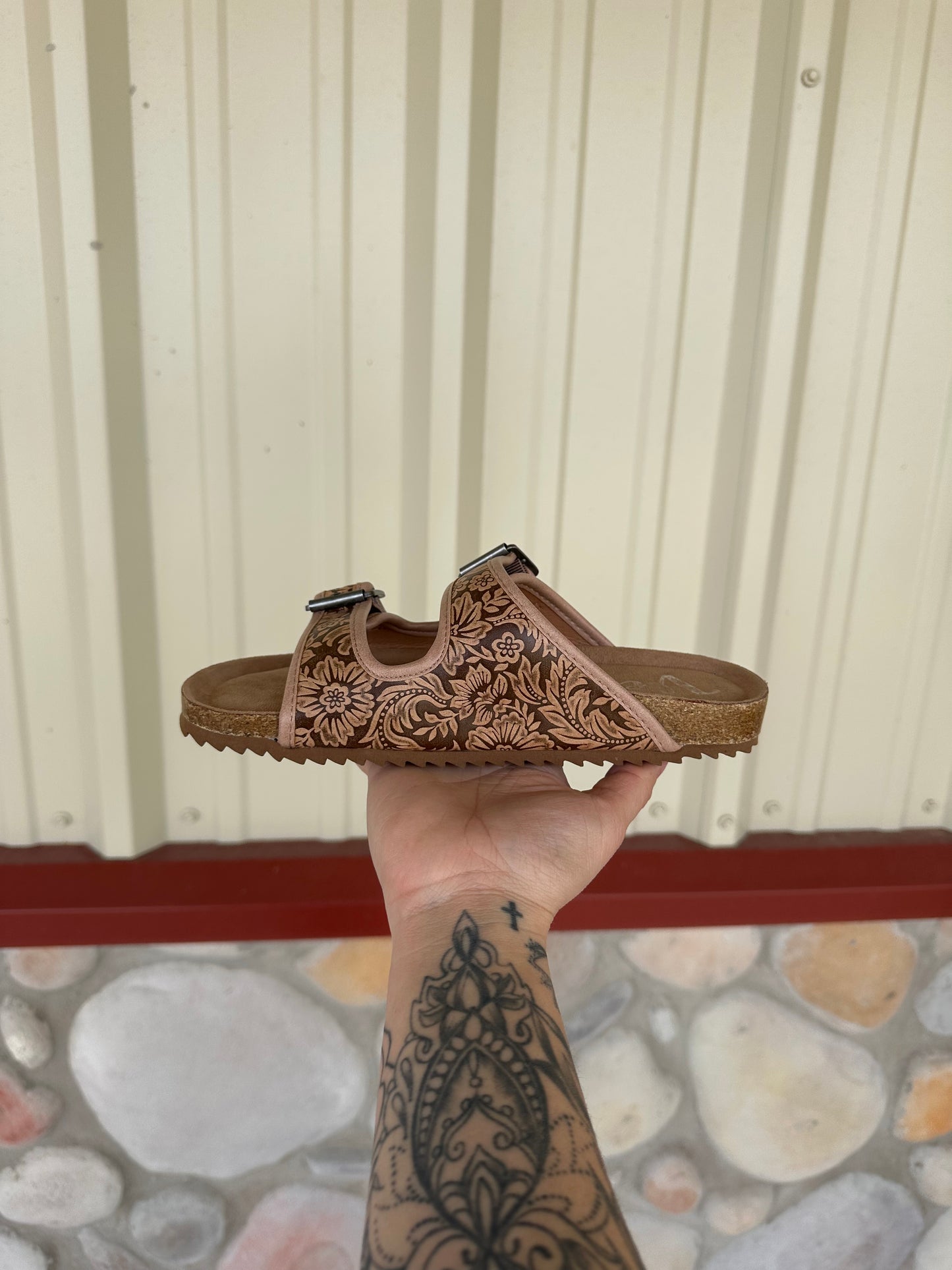 The Prairie Rose – Tooled Double Buckle Sandal