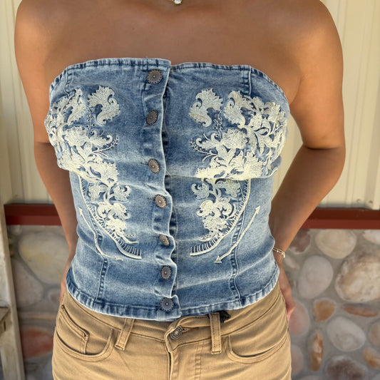 Wildflower Denim Tie Back Corset Top