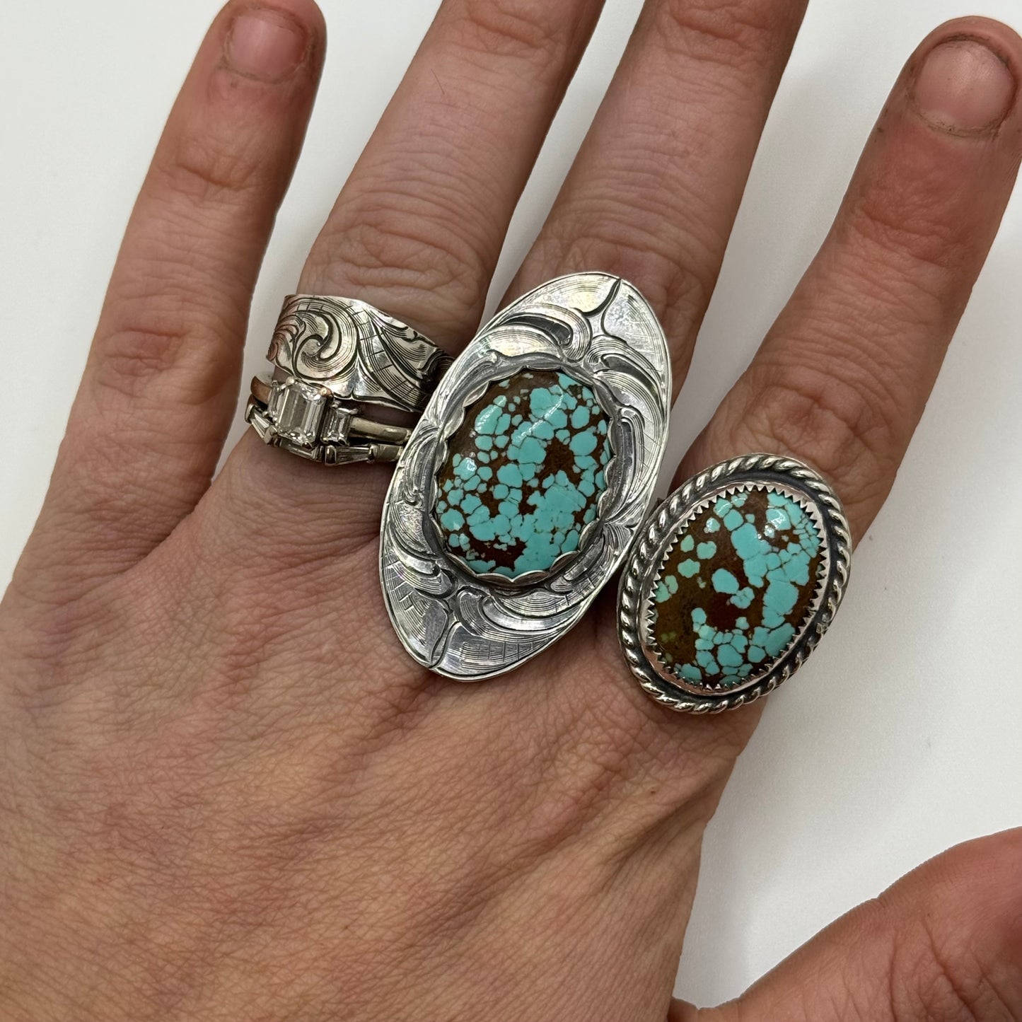 Lujan Silver Mine #8 Turquoise Engraved Backplate Adjustable Ring by Jake Lujan