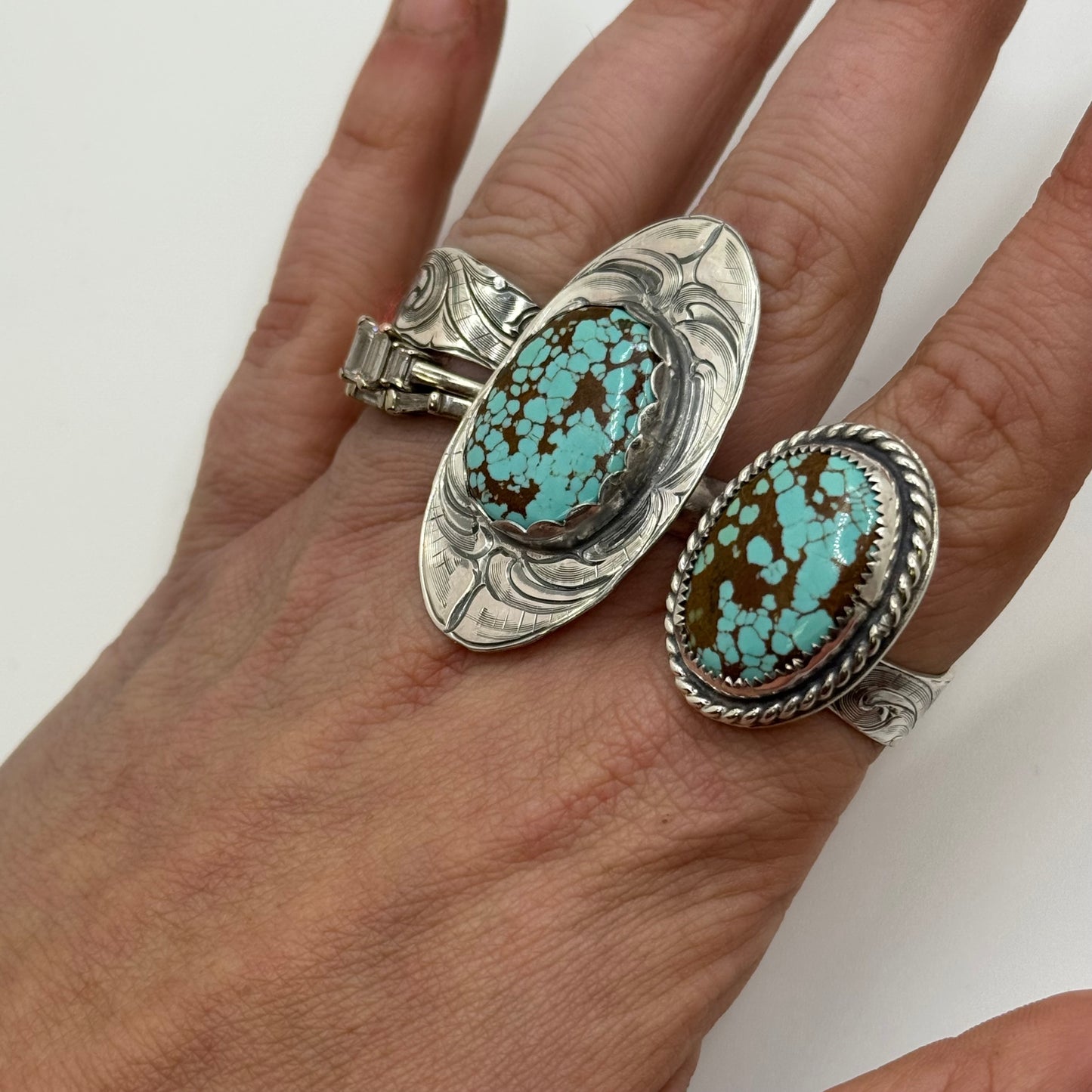 Lujan Silver Mine #8 Turquoise Engraved Backplate Adjustable Ring by Jake Lujan