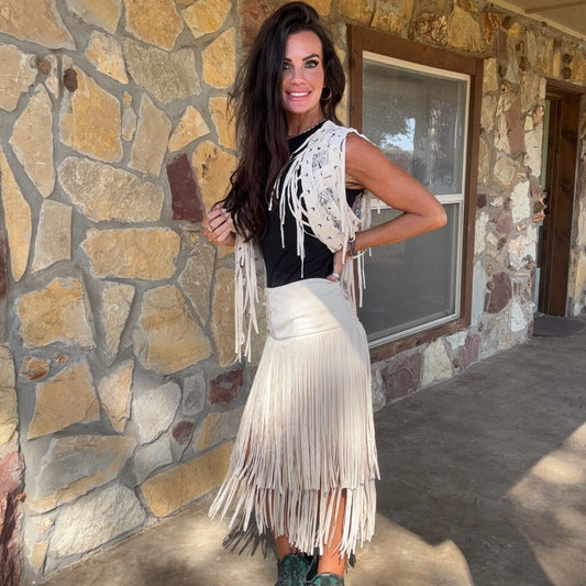Ivory Trails Fringe Midi Skirt