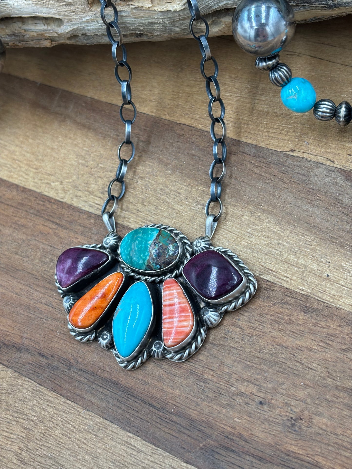 Mixed Stone Half Cluster Necklace #6 by Augustine Largo, Navajo
