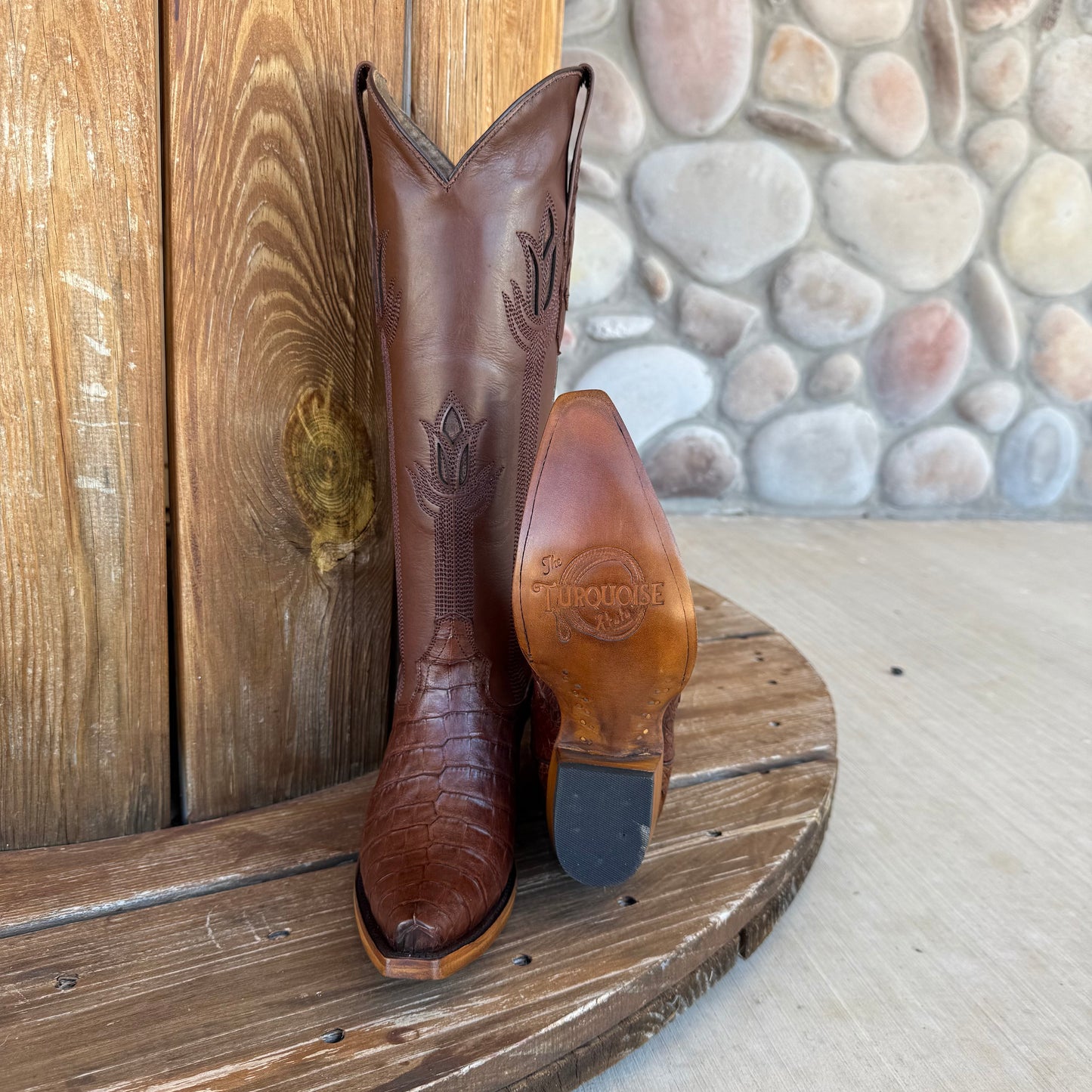 Signature Turquoise Reata Boot - Exotics - The Megan Cafe Caiman Belly Tulip Tops Snip Toe Boots
